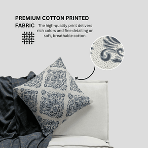 Decorative pillow with floral pattern on a bed, featuring premium cotton printed fabric.