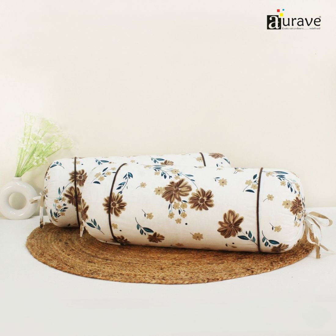 Printed Floral Cotton 2 Pcs Bolster Cover set - Brown