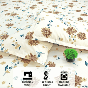 Close up Printed Floral Cotton 144 TC Fitted Bedsheet with Pillow Covers - Brown