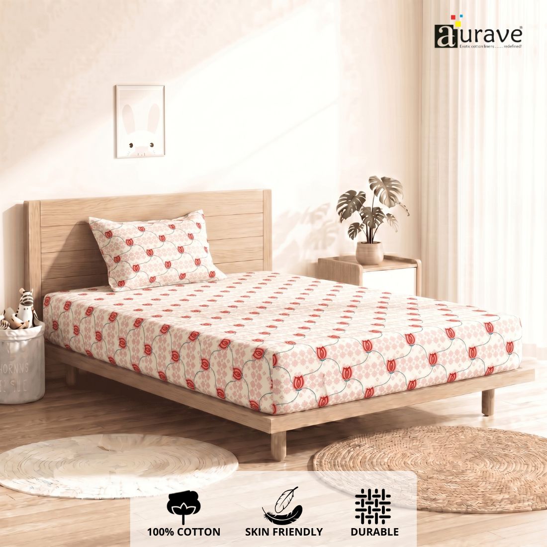 Printed Cotton Floral 144 TC Bedsheet with Pillow Cover - Pink