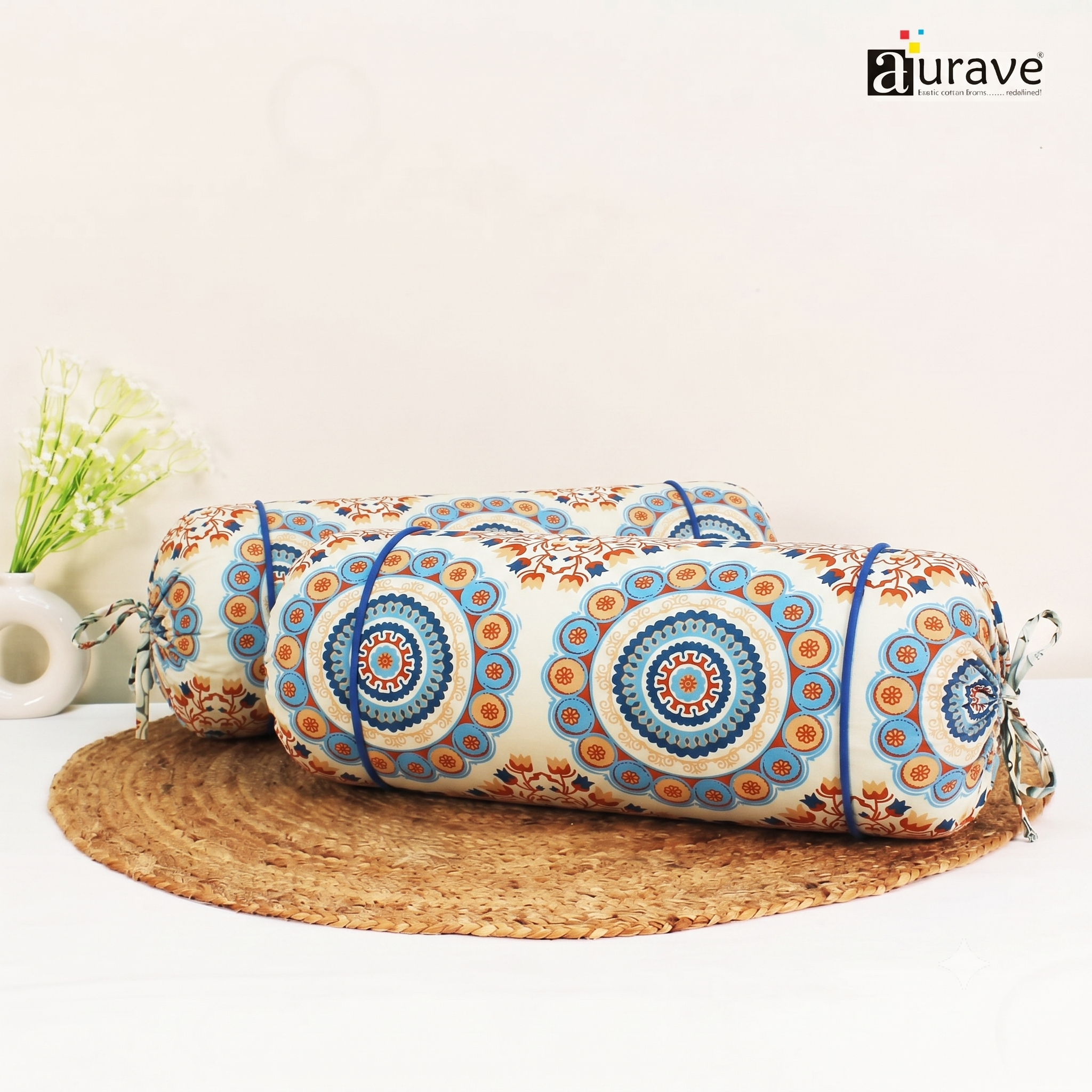 Printed Floral Cotton 2 Pcs Bolster Cover set - Blue