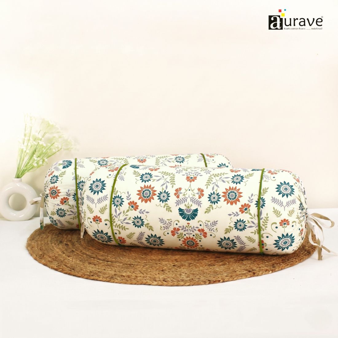 Printed Floral Cotton 2 Pcs Bolster Cover set - Green