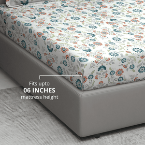 Printed Floral Cotton 144 TC Fitted Bedsheet Fits upto 06 Inches
