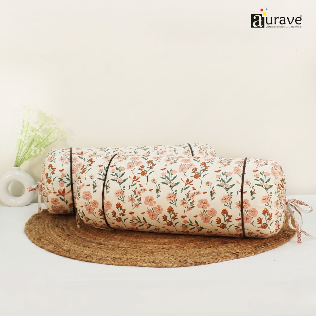 Printed Floral Cotton 2 Pcs Bolster Cover set - Peach