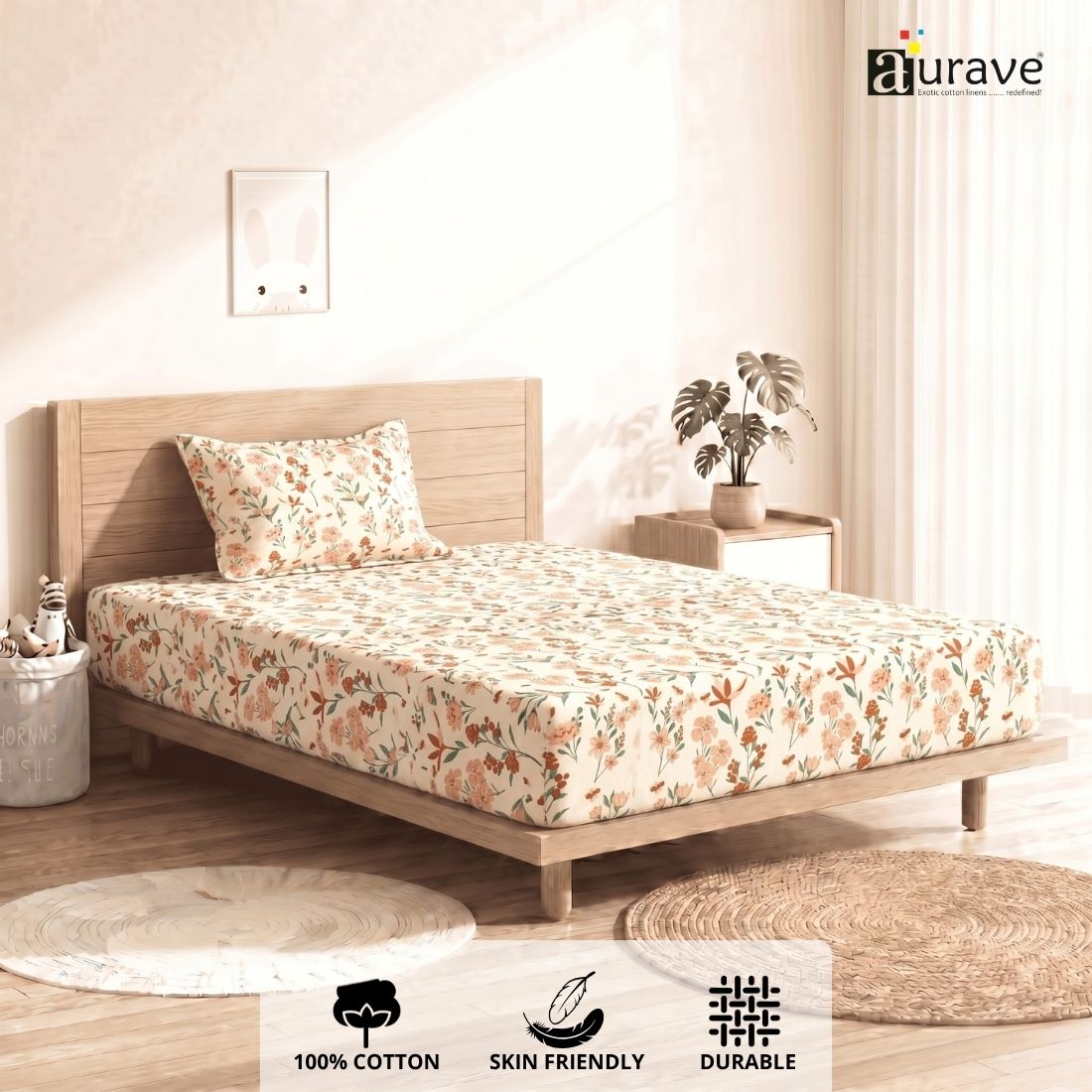 Printed Cotton Floral 144 TC Bedsheet with Pillow Cover - Peach