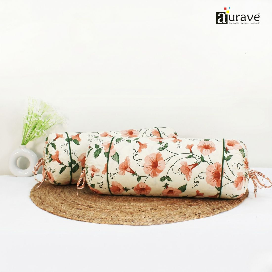 Printed Floral Cotton 2 Pcs Bolster Cover set - Peach
