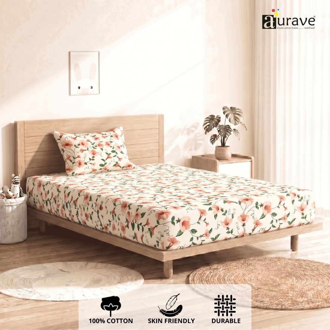 Printed Cotton Floral 144 TC Bedsheet with Pillow Cover - Peach