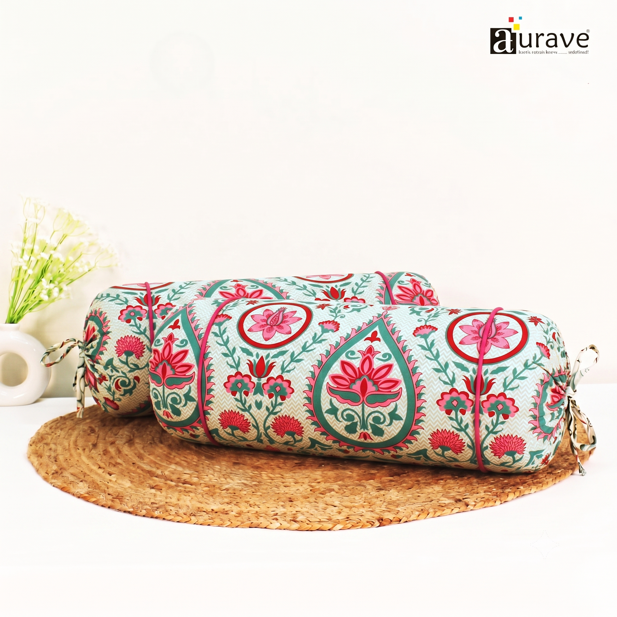 Printed Floral Cotton 2 Pcs Bolster Cover set - Aqua