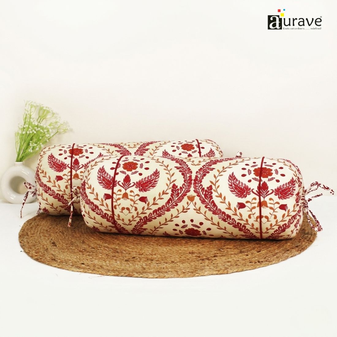Printed Floral Cotton 2 Pcs Bolster Cover set - Maroon