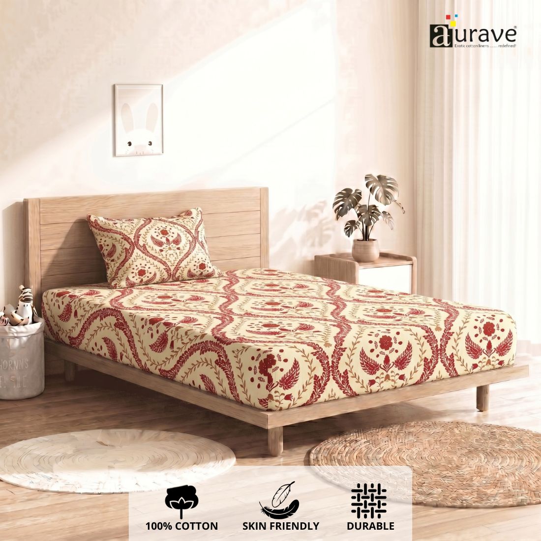 Printed Cotton Floral 144 TC Bedsheet with Pillow Cover - Maroon