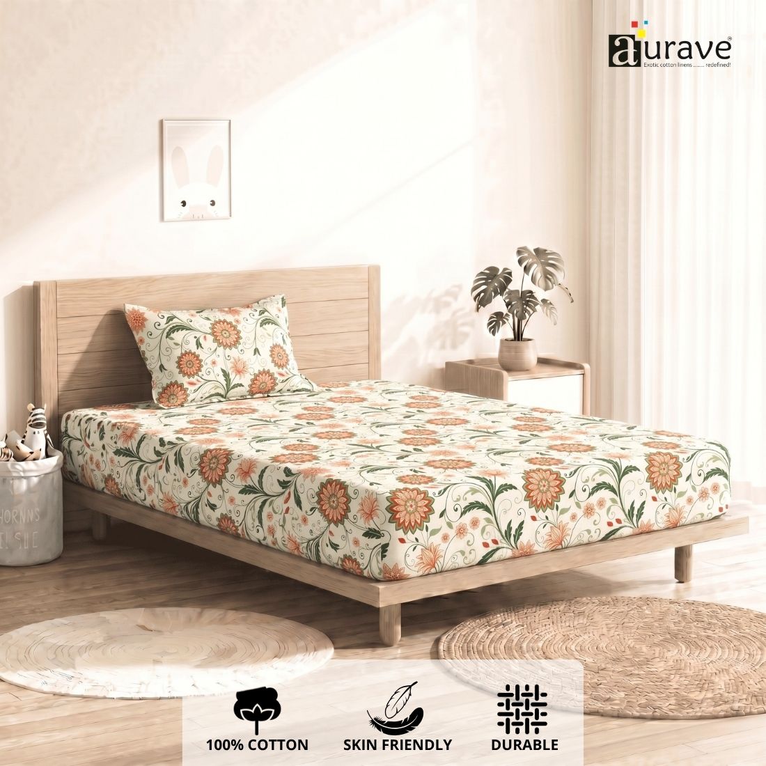 Printed Cotton Floral 144 TC Bedsheet with Pillow Cover - Orange