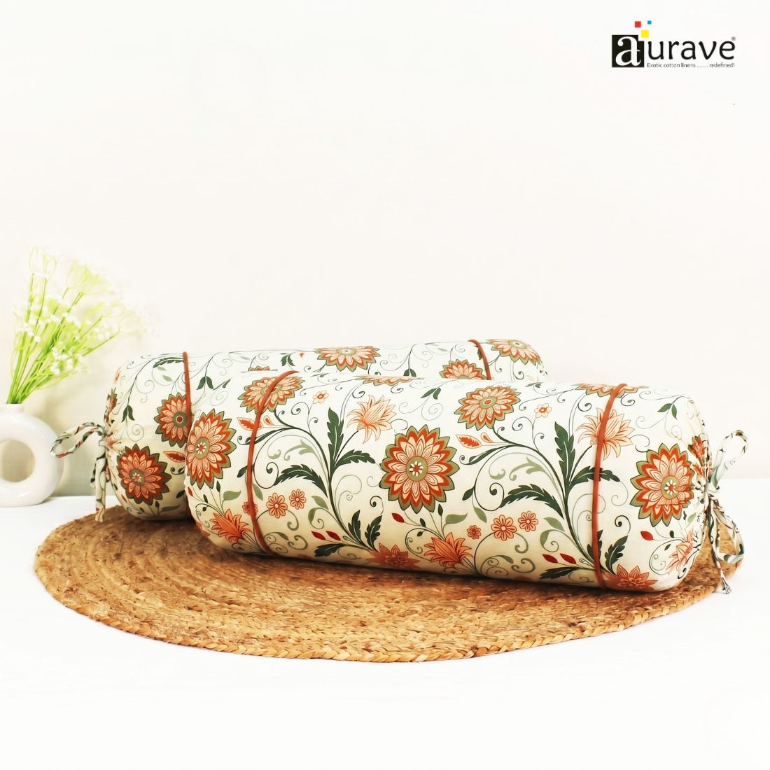 Printed Floral Cotton 2 Pcs Bolster Cover set - Orange