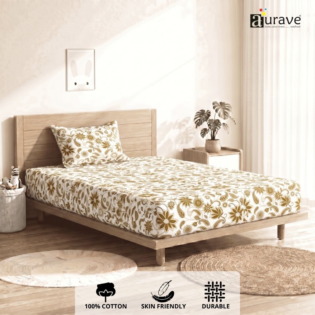 Printed Cotton Floral 144 TC Bedsheet with Pillow Cover - Brown