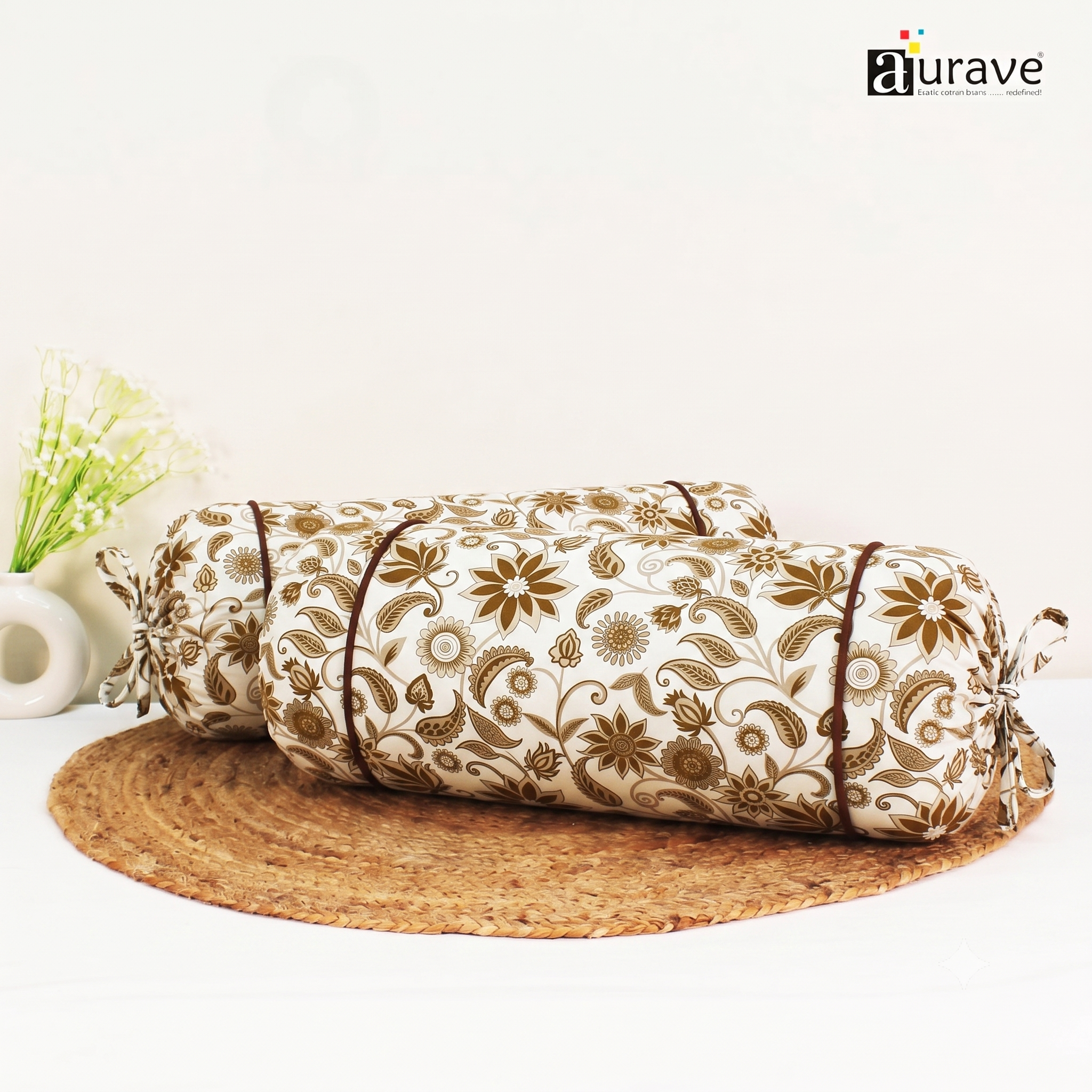 Printed Floral Cotton 2 Pcs Bolster Cover set - Brown