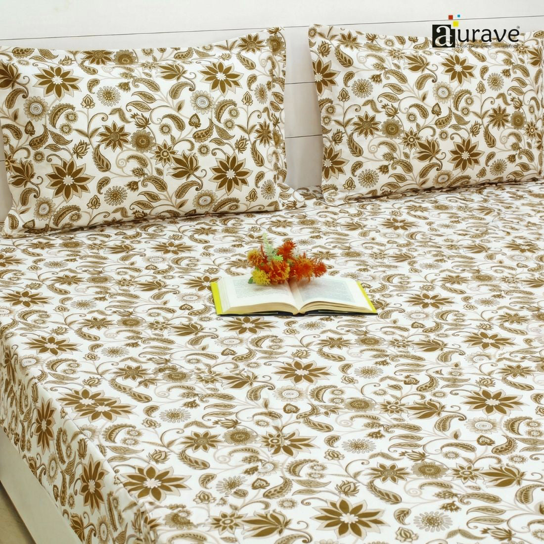 144TC 100% Elastic Fitted Bedsheet with flower design and 2 pillows, AUARVE BEDSHEET