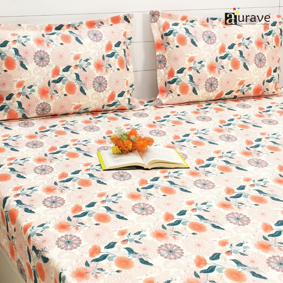 Printed Floral Cotton 144 TC Fitted Bedsheet with Pillow Covers - Peach