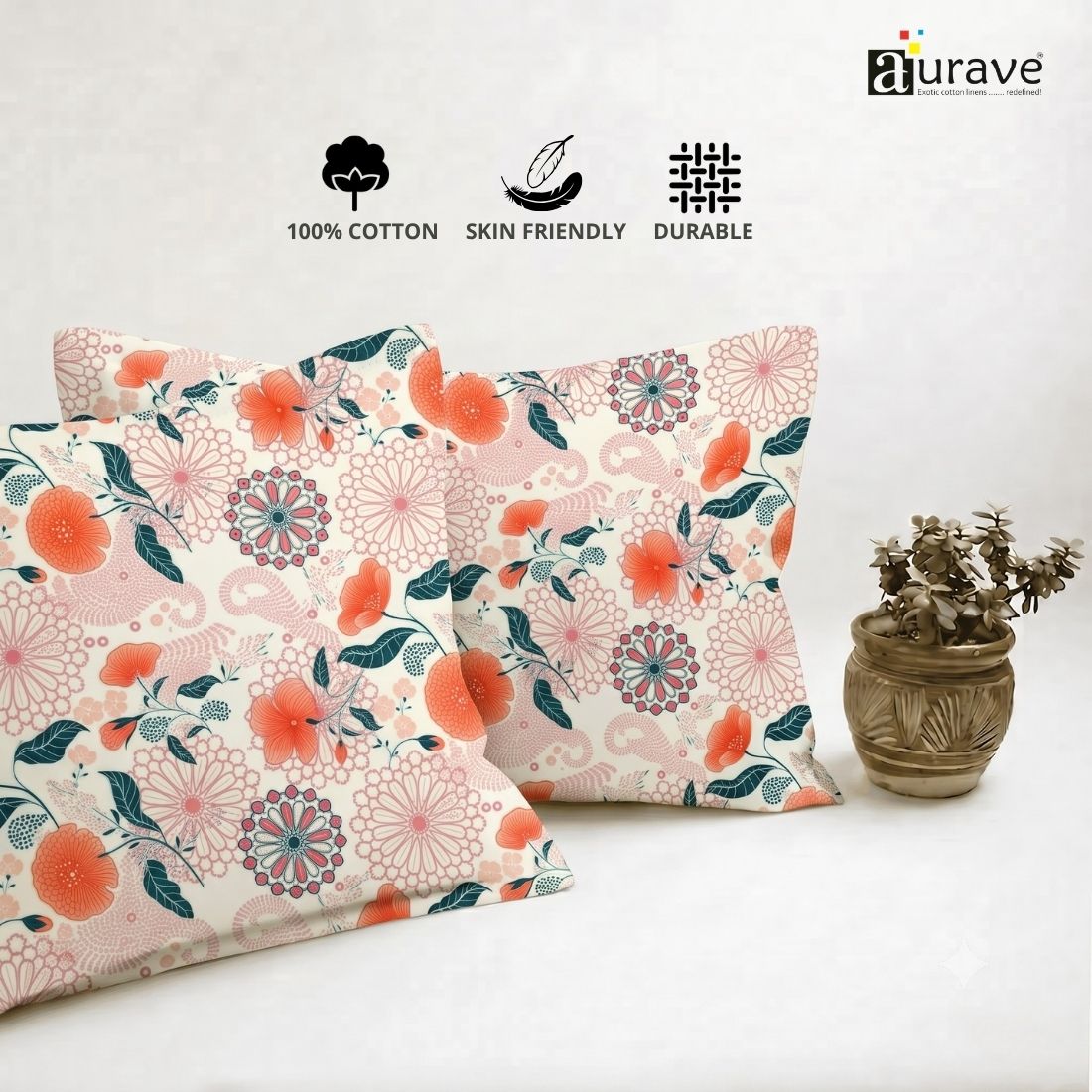 Printed Floral 2 Pcs Cotton Pillow Cover Set - Peach