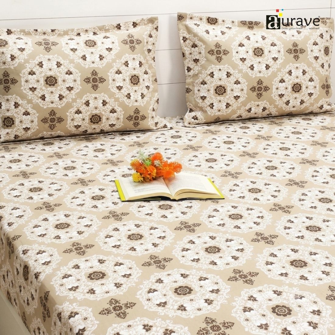 Printed Floral Cotton 144 TC Fitted Bedsheet with Pillow Covers - Brown