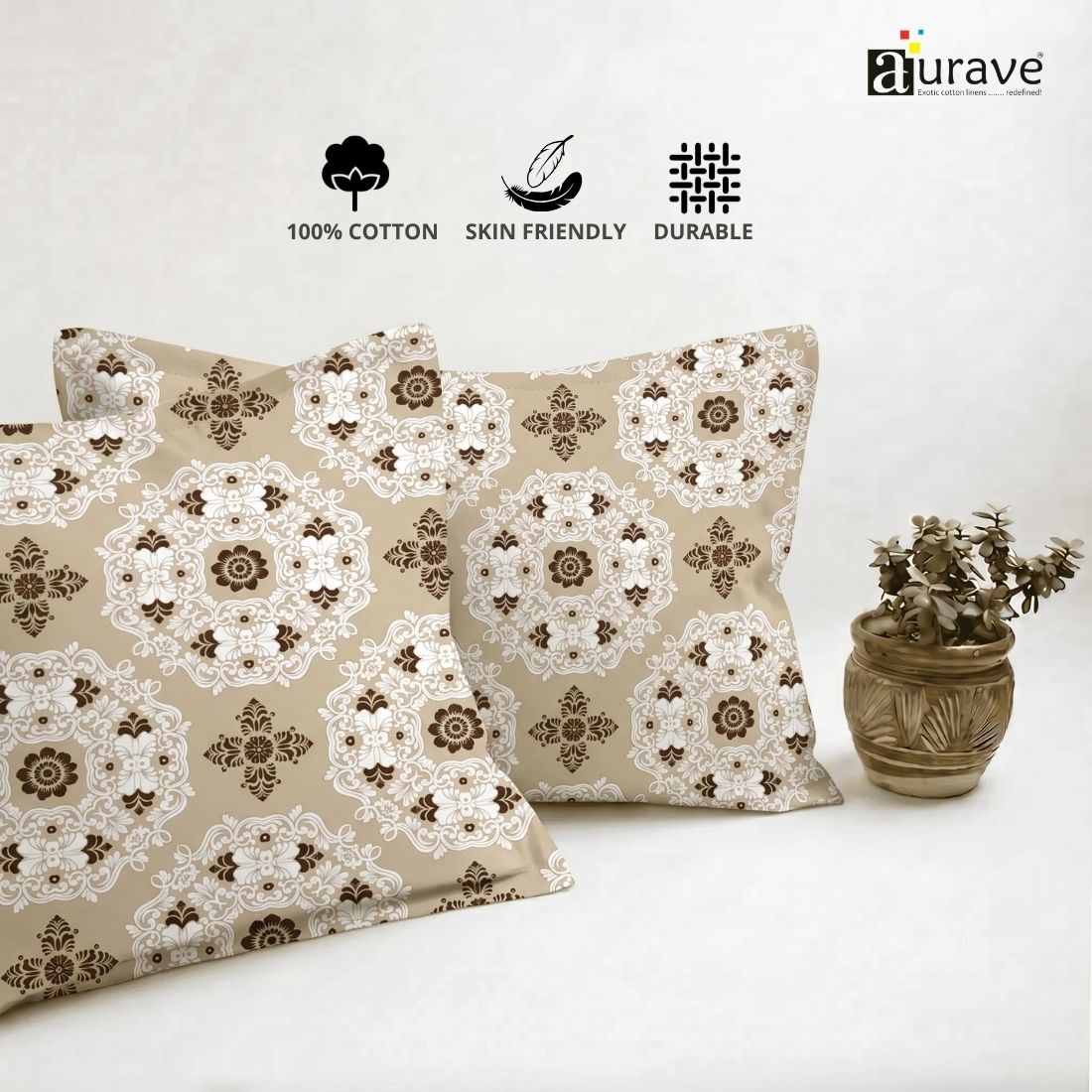 Printed Floral 2 Pcs Cotton Pillow Cover Set - Brown