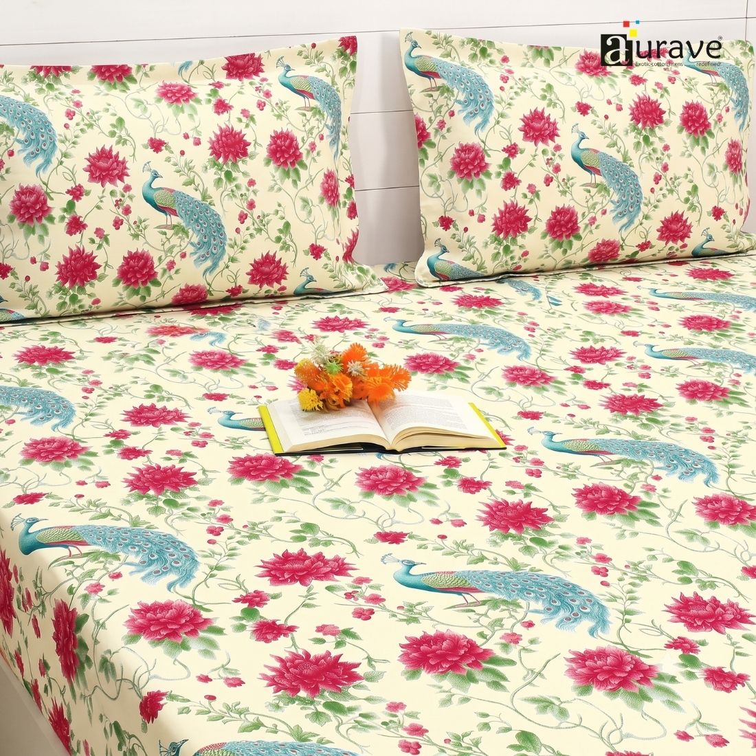 Printed Floral Cotton 144 TC Fitted Bedsheet with Pillow Covers - Peacock