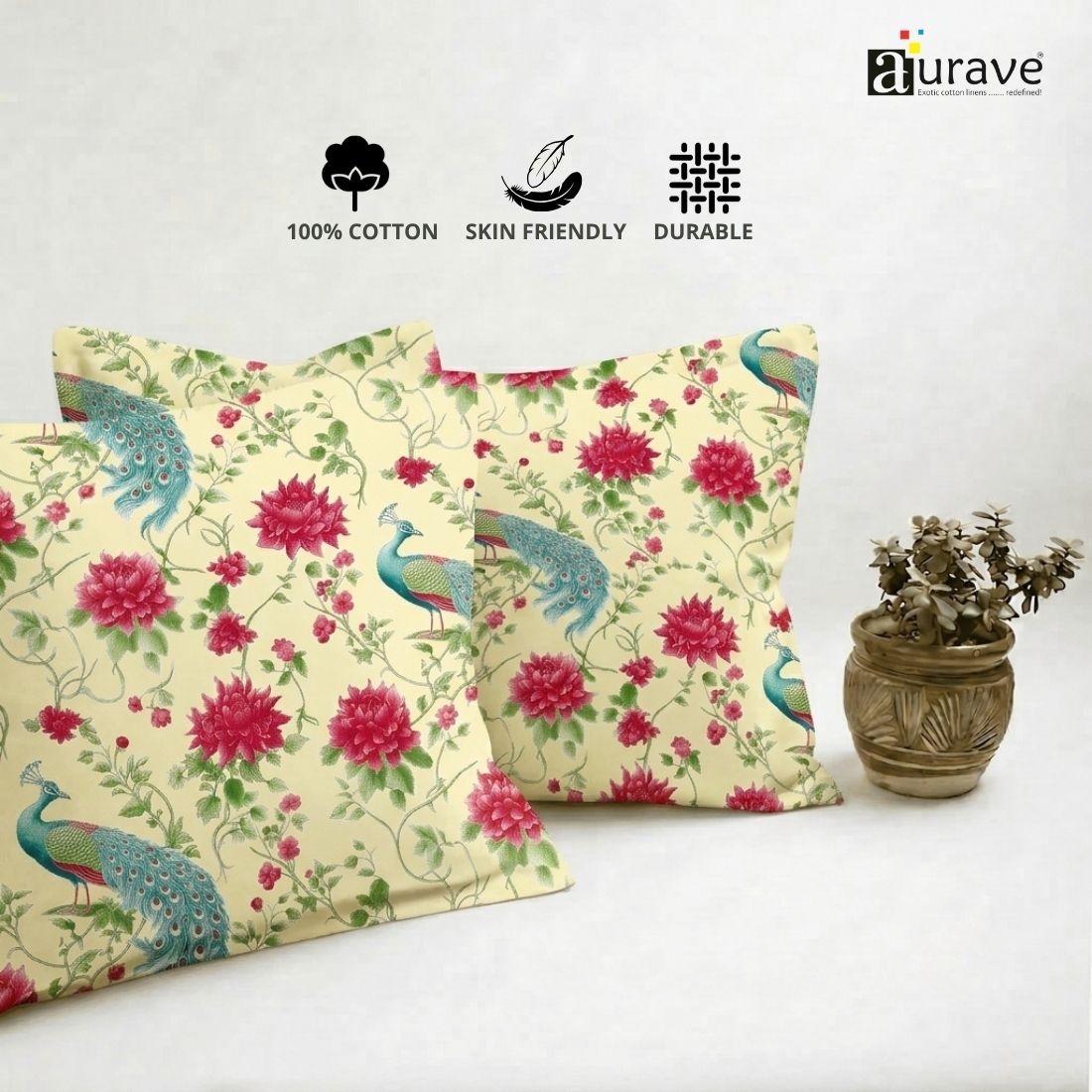 Printed Floral 2 Pcs Cotton Pillow Cover Set - Peacock