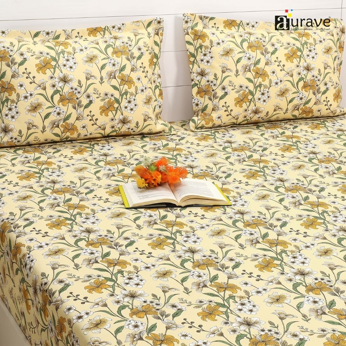 Printed Floral Cotton 144 TC Fitted Bedsheet with Pillow Covers - Mustard