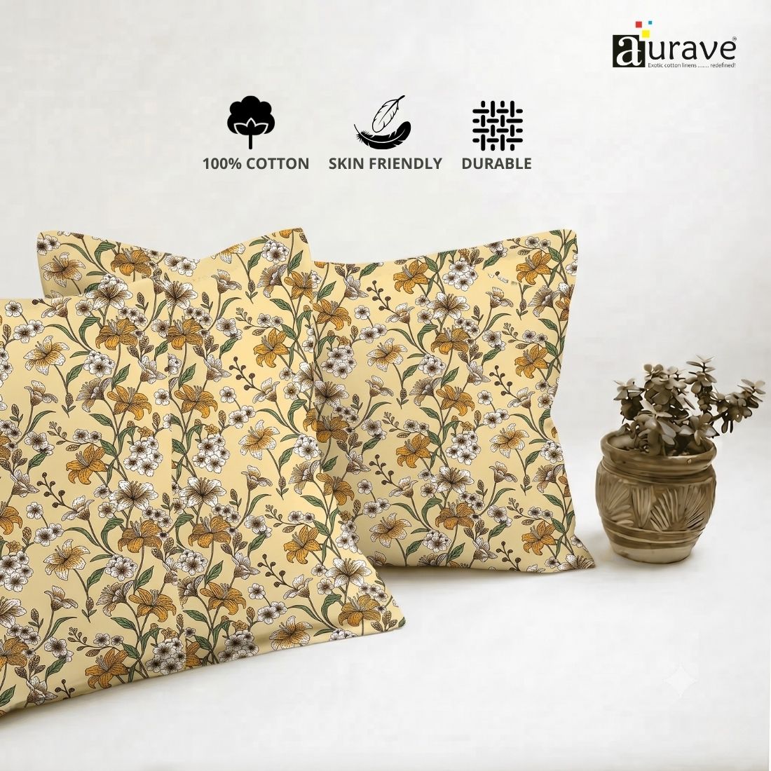 Printed Floral 2 Pcs Cotton Pillow Cover Set - Mustard