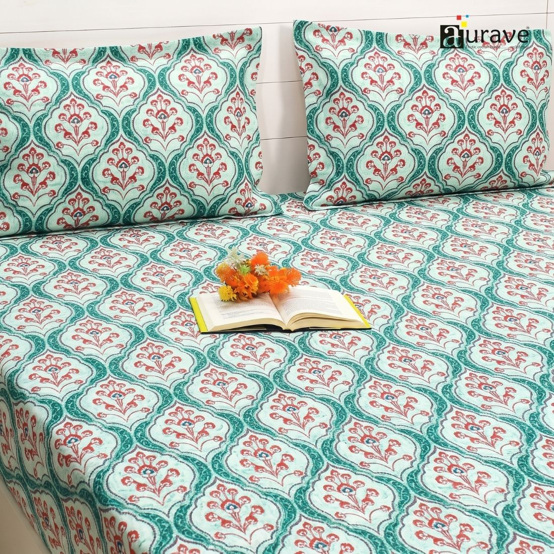 Printed Floral Cotton 144 TC Fitted Bedsheet with Pillow Covers - Aqua