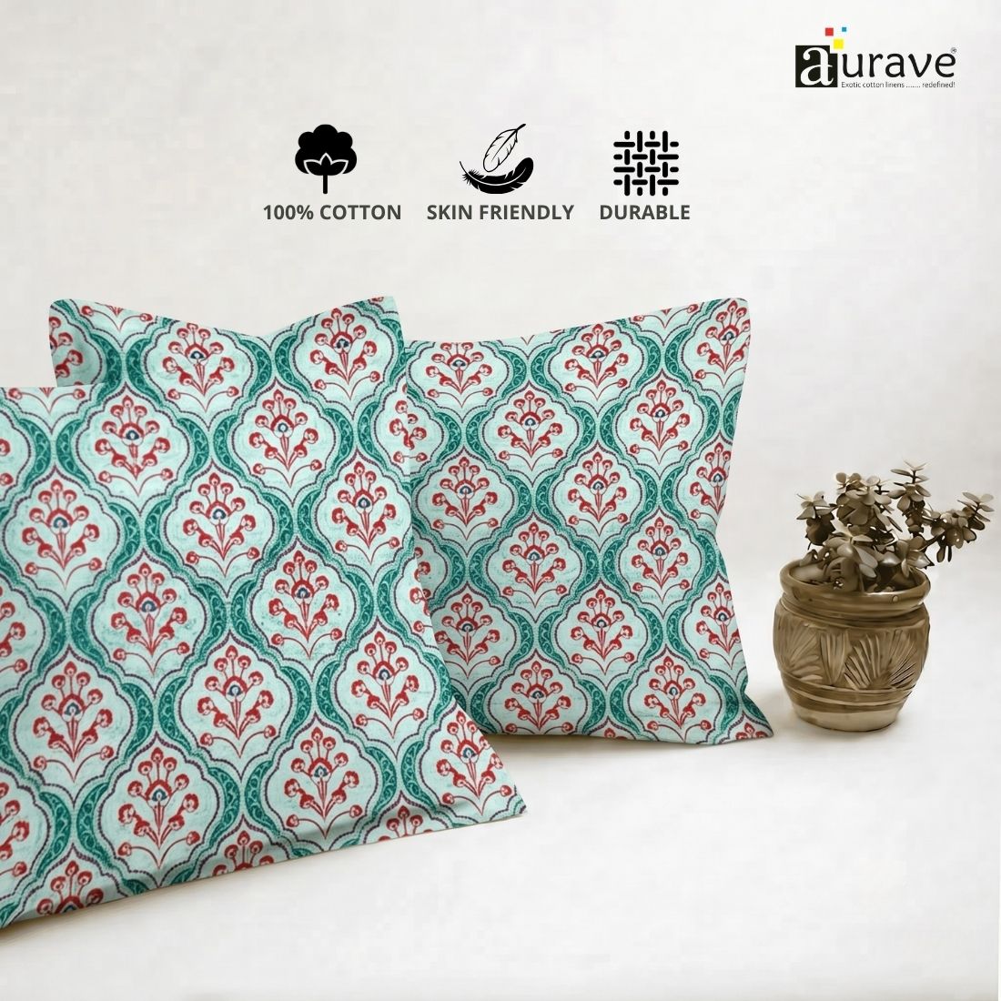 Printed Floral 2 Pcs Cotton Pillow Cover Set - Aqua