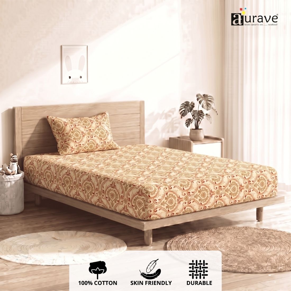 Printed Cotton Floral 144 TC Bedsheet with Pillow Cover - Rust