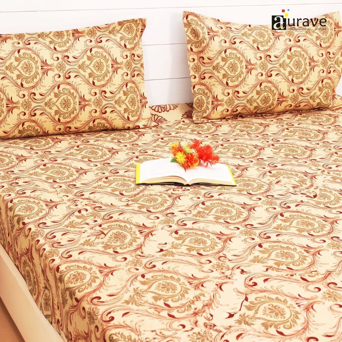 Printed Floral Cotton 144 TC Fitted Bedsheet with Pillow Covers - Rust