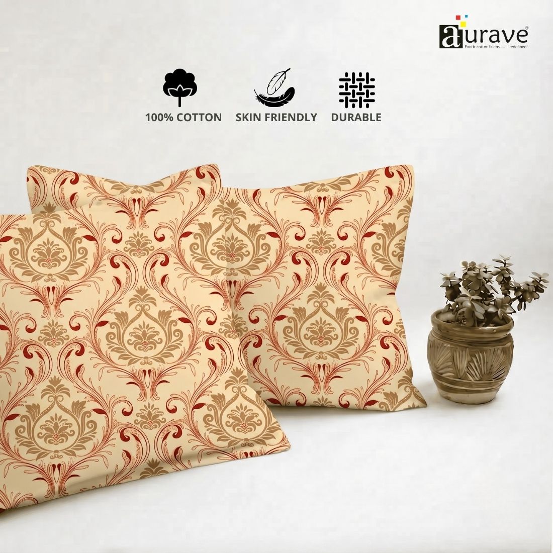 Printed Floral 2 Pcs Cotton Pillow Cover Set - Rust