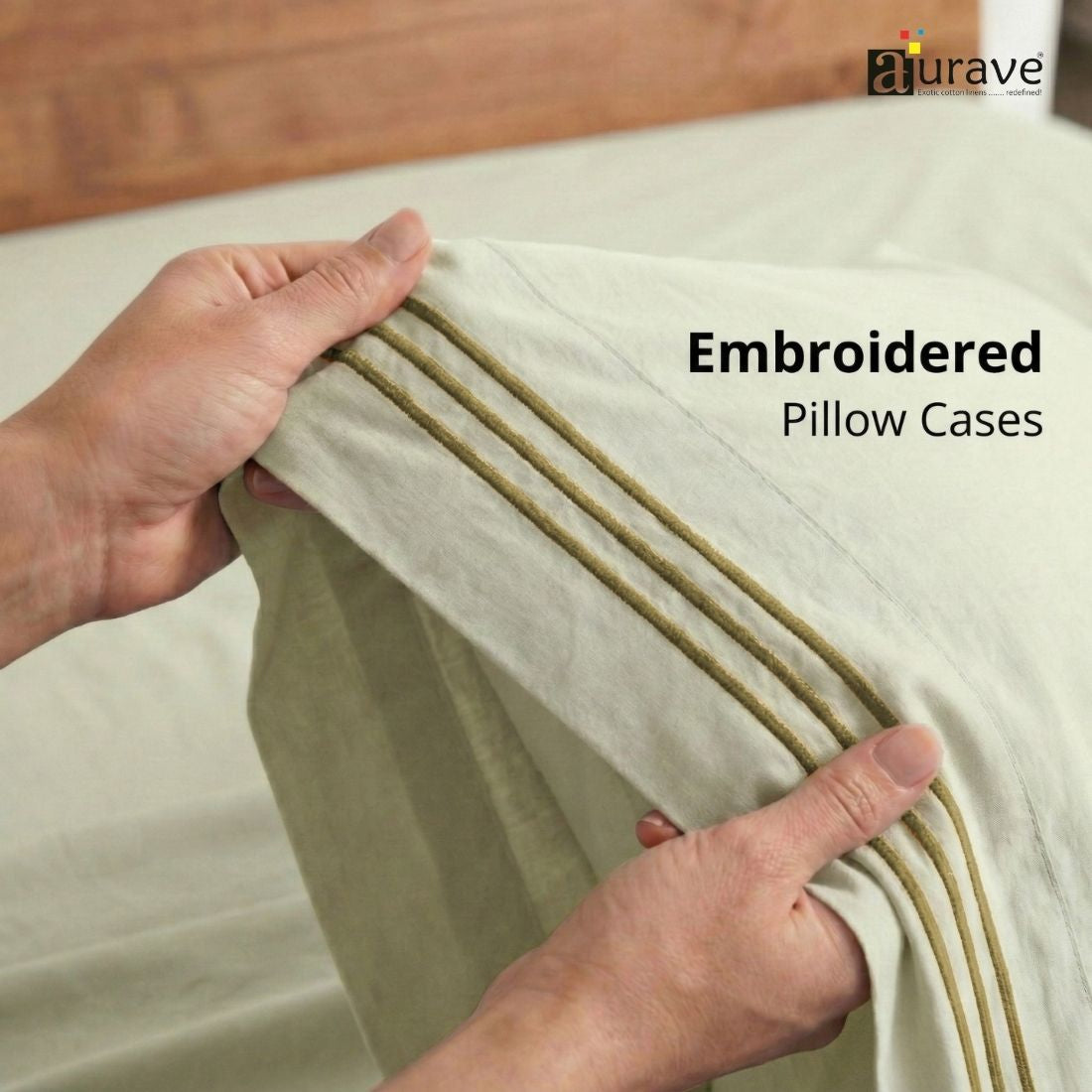 Luxury King Size Cotton Flat Bedsheet with Embroidered Pillow Covers - Khaki