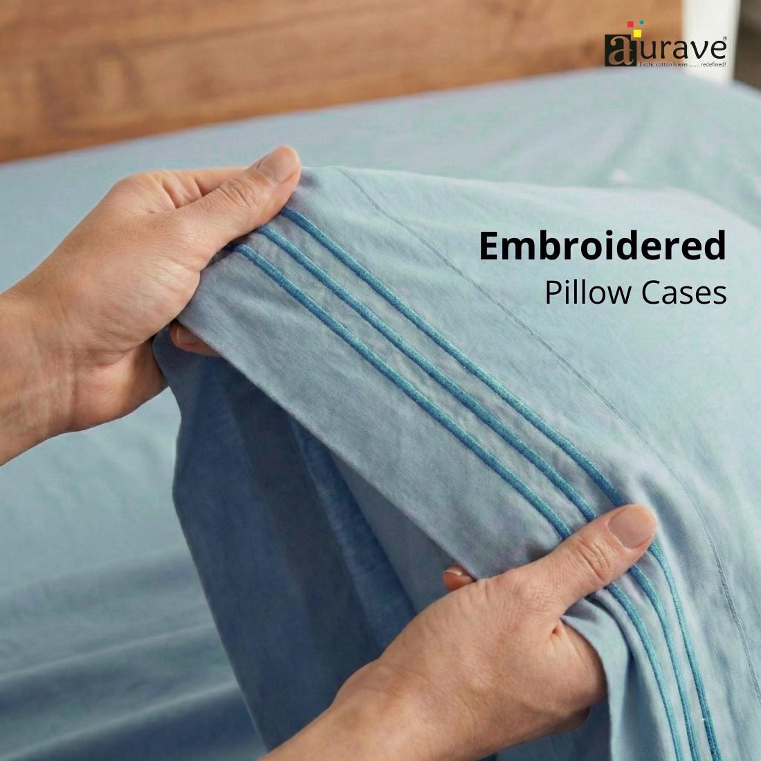Luxury King Size Cotton Flat Bedsheet with Embroidered Pillow Covers - Sky Blue