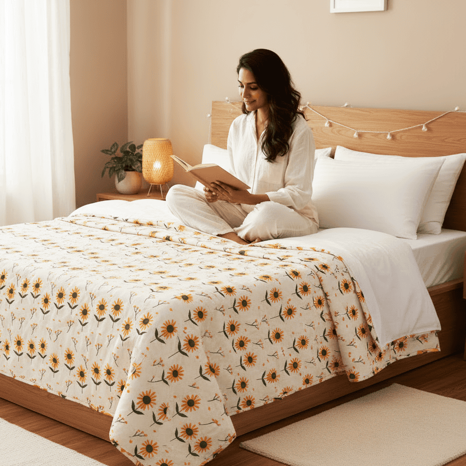 Elegant Microfibre Dohar for Festive Gifting | Sunflower Motif Yellow