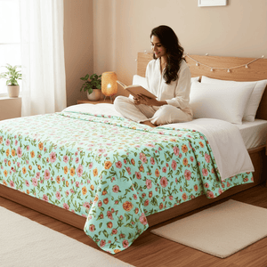 Elegant Microfibre Dohar for Festive Gifting | Rose Floral Aqua