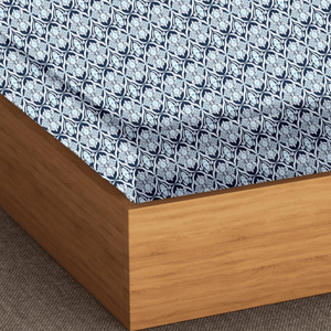 Soft Cotton Ikat Print 144 TC Fitted Bedsheet In Navy Blue At Best Prices