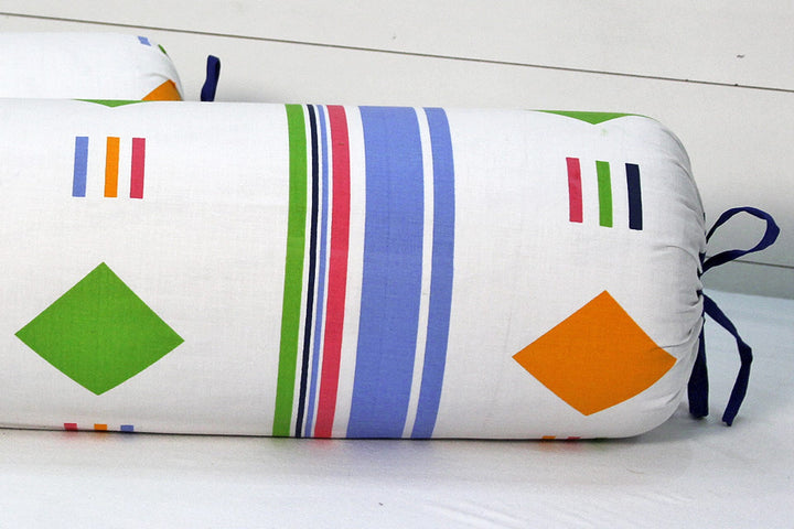 Stylish Blue Multicolor Funky Print Cotton Bolster Cover Set (2Pcs) Online In India
