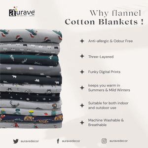 Cozy 3 layer Digital Print Cotton Flannel Blanket In Green Online At Best prices