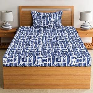 Soft Cotton Digital Print Single Fitted Bedsheet For Kids In Blue