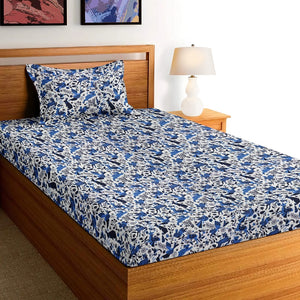 Soft Cotton Digital Print Single Fitted Bedsheet For Kids In Blue