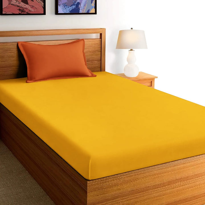 Soft Cotton Plain 210 TC Single Fitted Bedsheet In Yellow At Best Prices