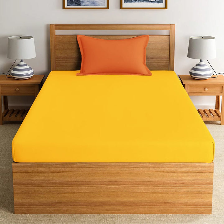 Soft Cotton Plain 210 TC Single Fitted Bedsheet In Yellow At Best Prices 