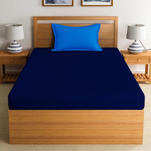 Soft Cotton Plain 210 TC Single Fitted Bedsheet In Navy Blue At Best Prices