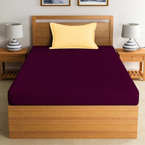 Soft Cotton Plain 210 TC Single Fitted Bedsheet In Burgundy At Best Prices
