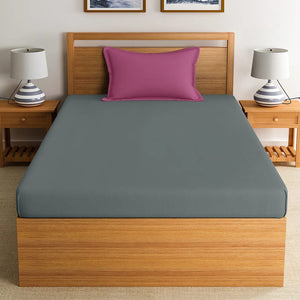Soft Cotton Plain 210 TC Single Fitted Bedsheet In Grey at Best Prices