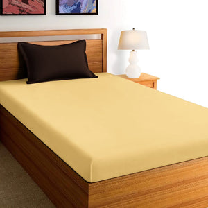 Soft Cotton Plain 210 TC Single Fitted Bedsheet In Gold At Best Prices