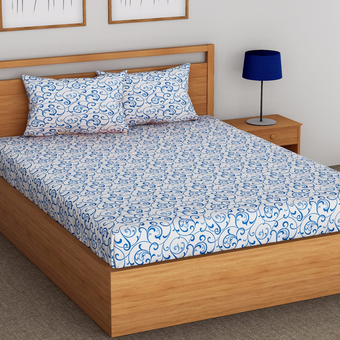 Soft Floral Print 144 TC Cotton Fitted Bedsheet In Blue At Best Prices