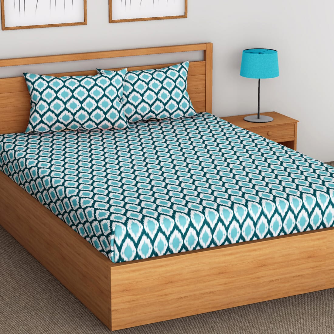 Soft Cotton Ikat Print 144 TC Cotton Fitted Bedsheet In Aqua At Best Prices