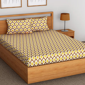 Soft Ikat Print 144 TC Cotton Fitted Bedsheet In Mustard At Best Prices